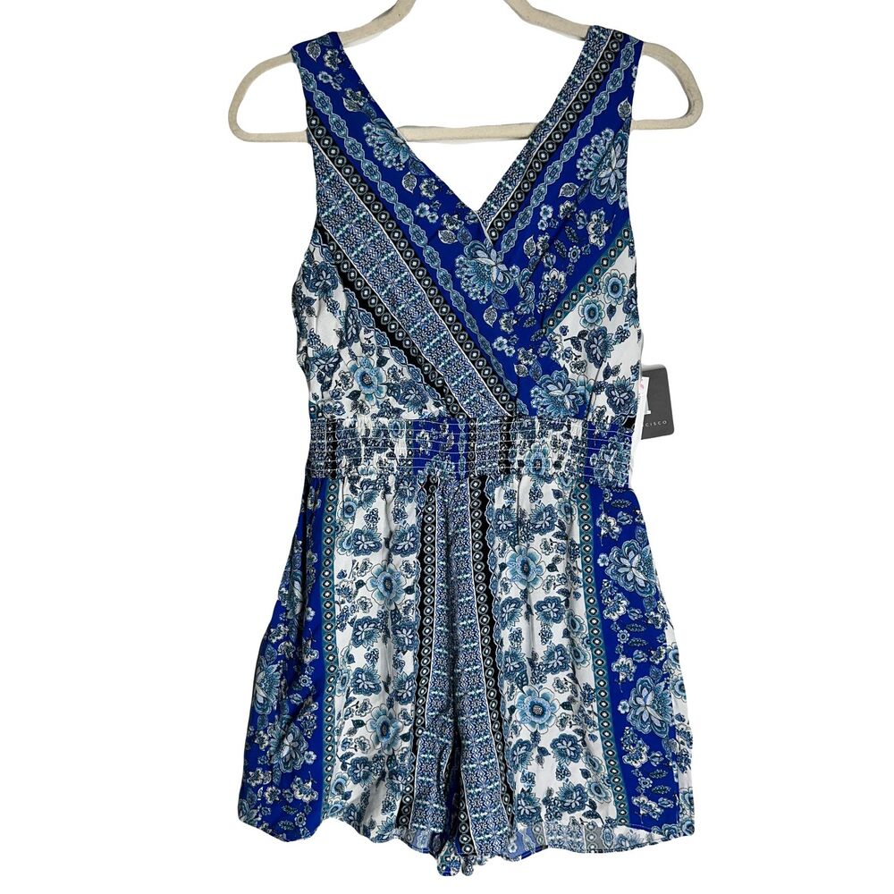 I. N. San Francisco Womens Floral Jumpsuit Blues  White Smocked Waist Size M